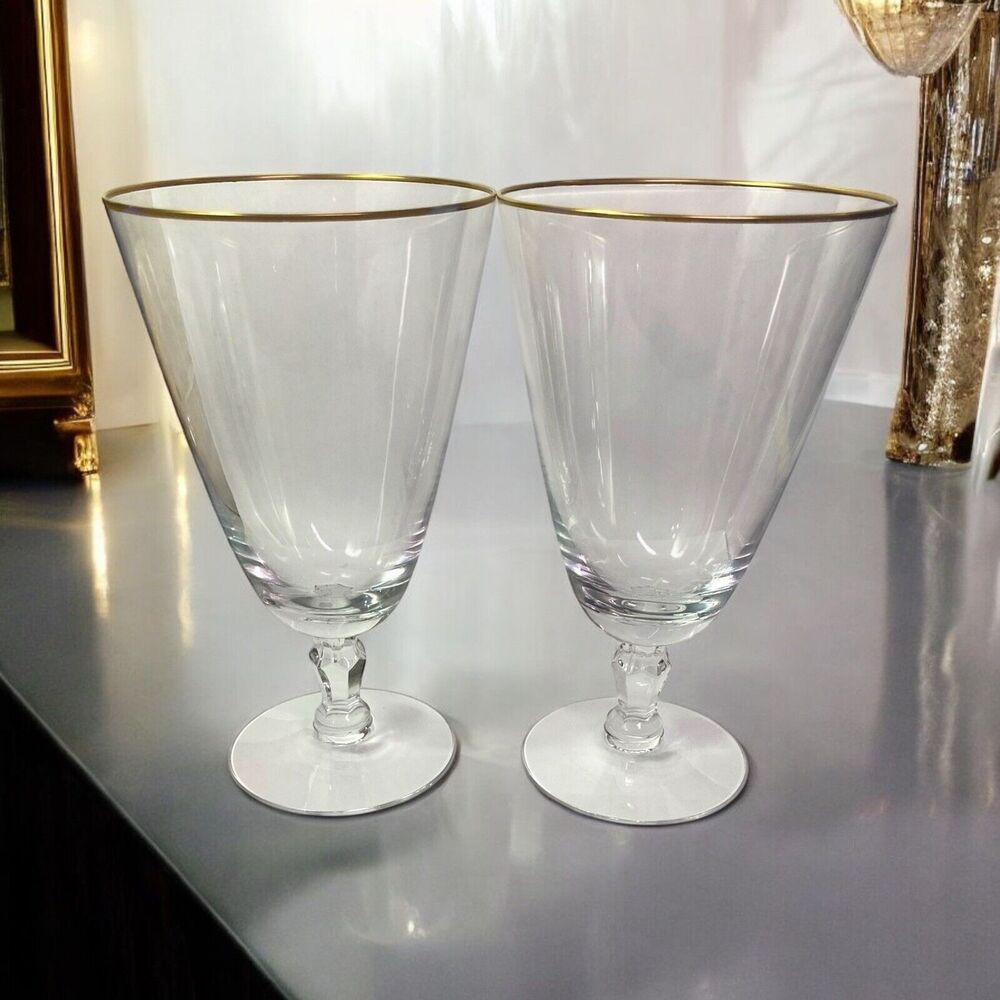 Fostoria Aurora Iced Tea Crystal Glass Gold Rim Set Of 2